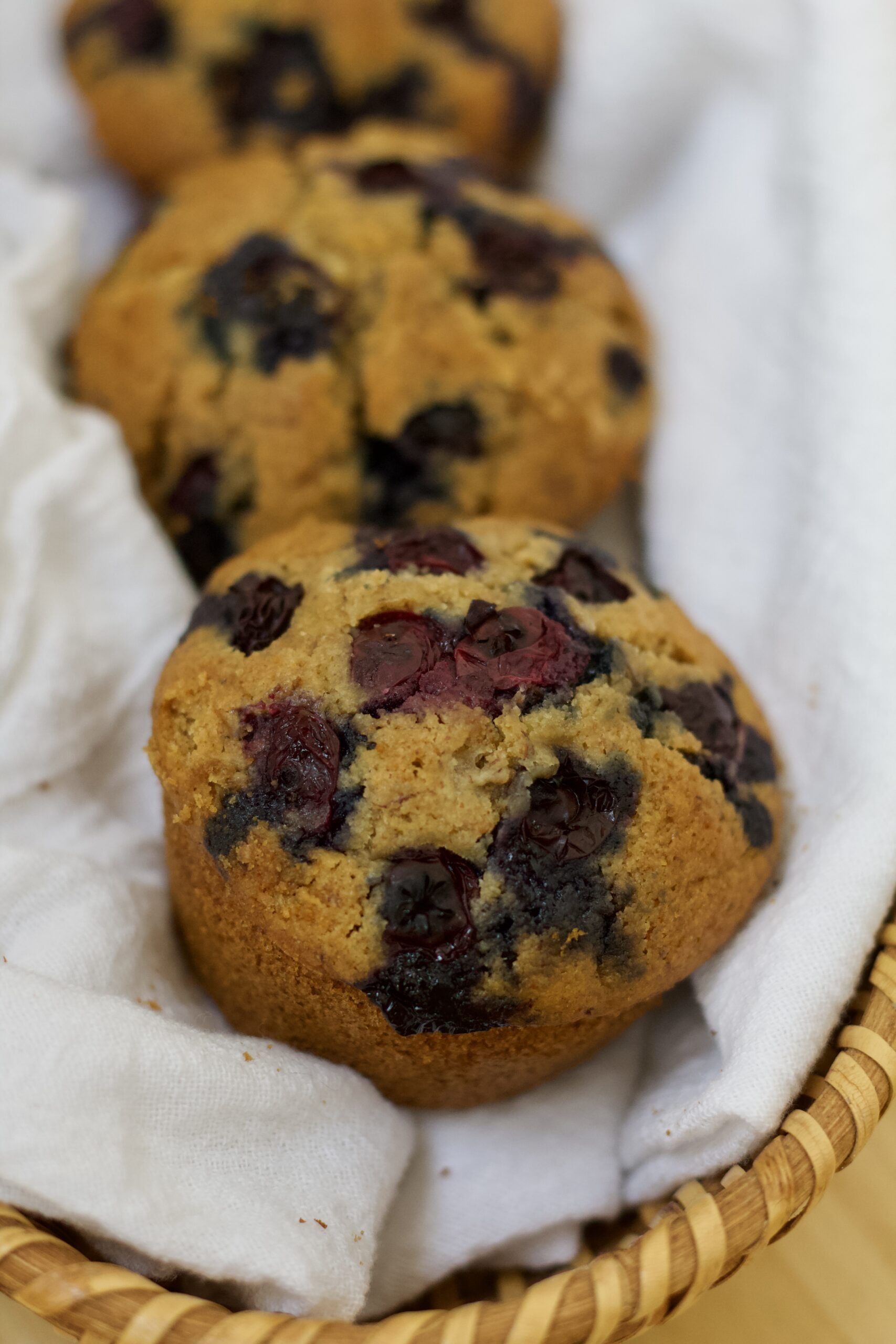 Close up photo of organice whole grain blueberry muffins.